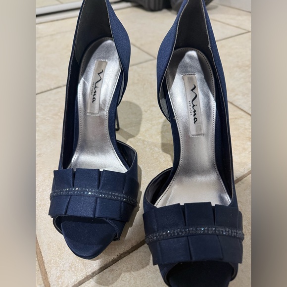 Elegant Navy Blue Peep-Toe Heels - Picture 10 of 17